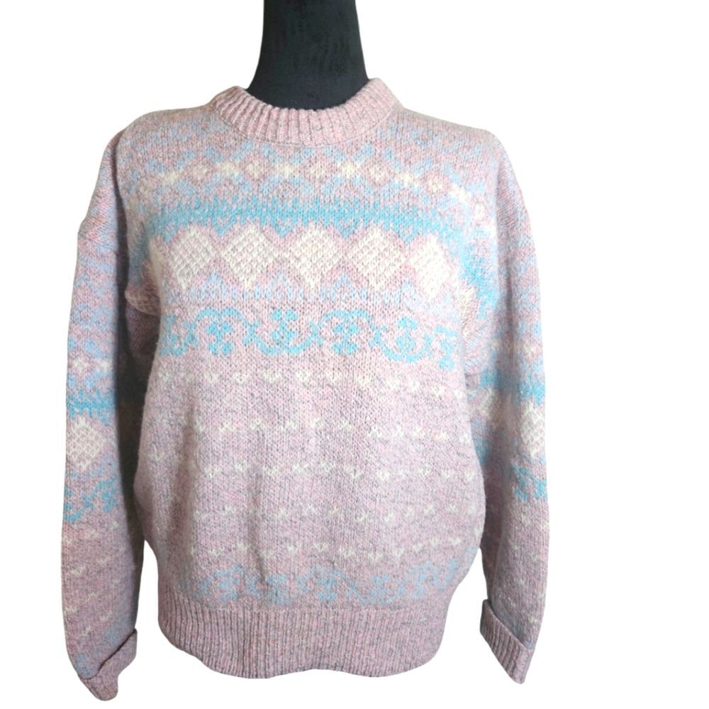 Vintage Eddie Bauer Fairy Kei Fair Isle Pink Wool Blend Sweater Size M
